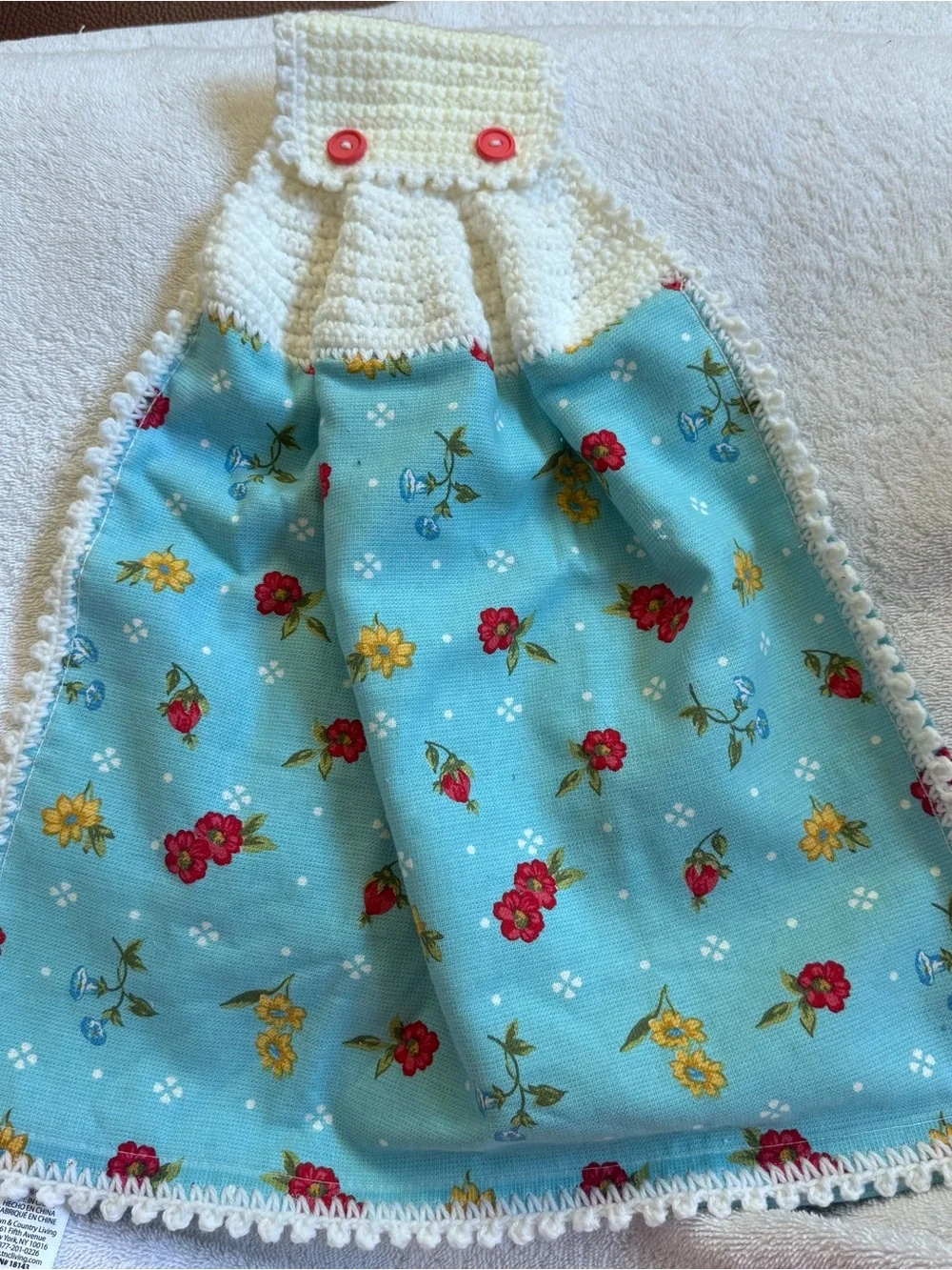 Pioneer Woman Tiffany Blue Floral Crochet Hanging Kitchen Towel